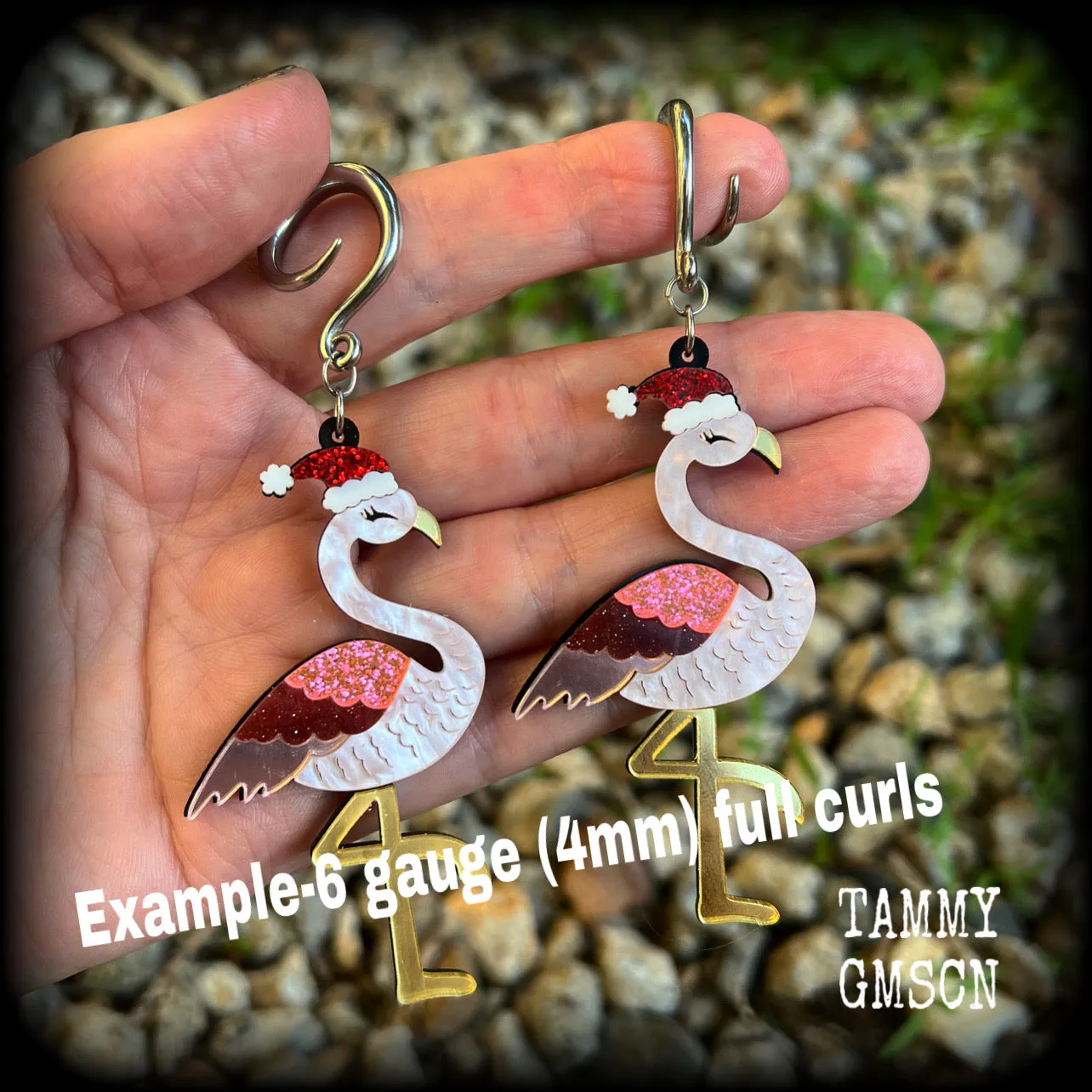 Pink flamingo earrings-Christmas gauged earrings