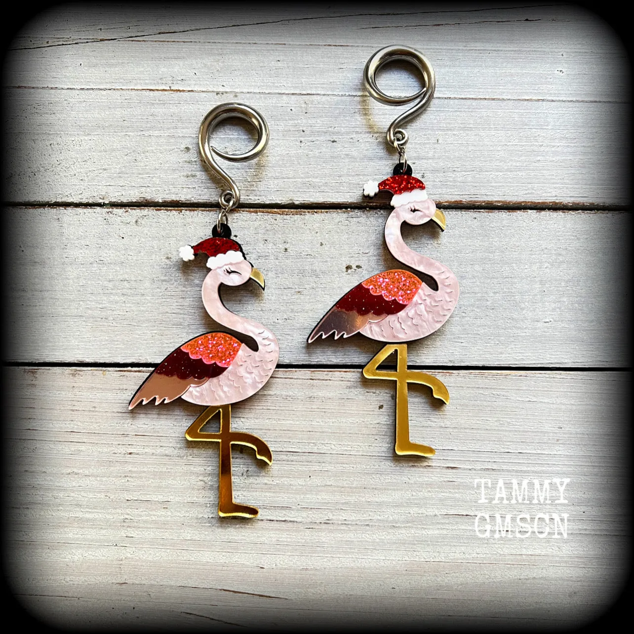 Pink flamingo earrings-Christmas gauged earrings