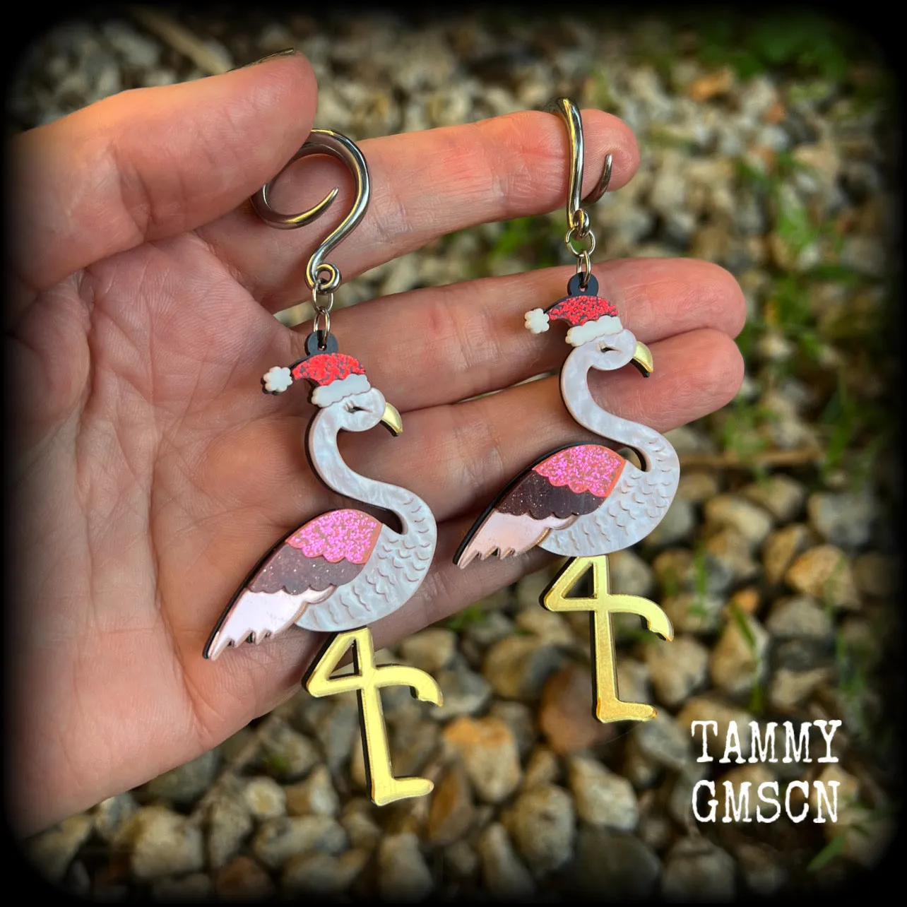 Pink flamingo earrings-Christmas gauged earrings