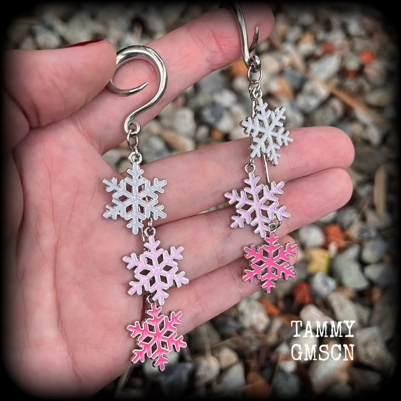 Pink snowflake gauged earrings-Christmas snowflakes earrings