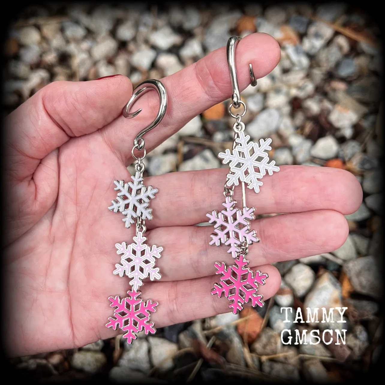 Pink snowflake gauged earrings-Christmas snowflakes earrings