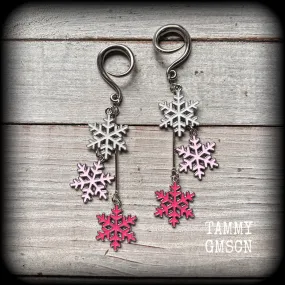 Pink snowflake gauged earrings-Christmas snowflakes earrings