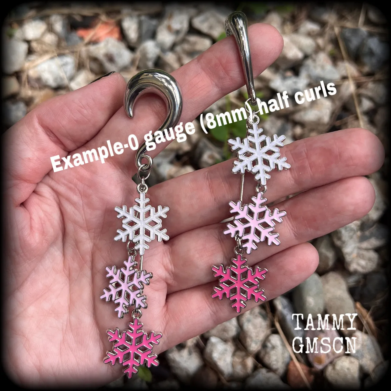 Pink snowflake gauged earrings-Christmas snowflakes earrings