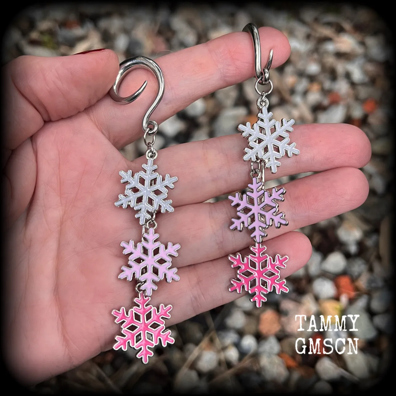 Pink snowflake gauged earrings-Christmas snowflakes earrings