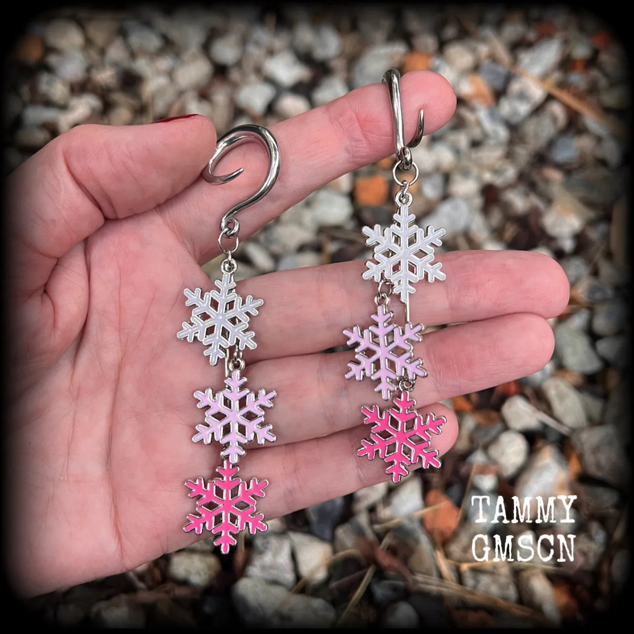 Pink snowflake gauged earrings-Christmas snowflakes earrings
