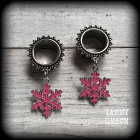 Pink snowflake tunnel earrings-Christmas ear gauges