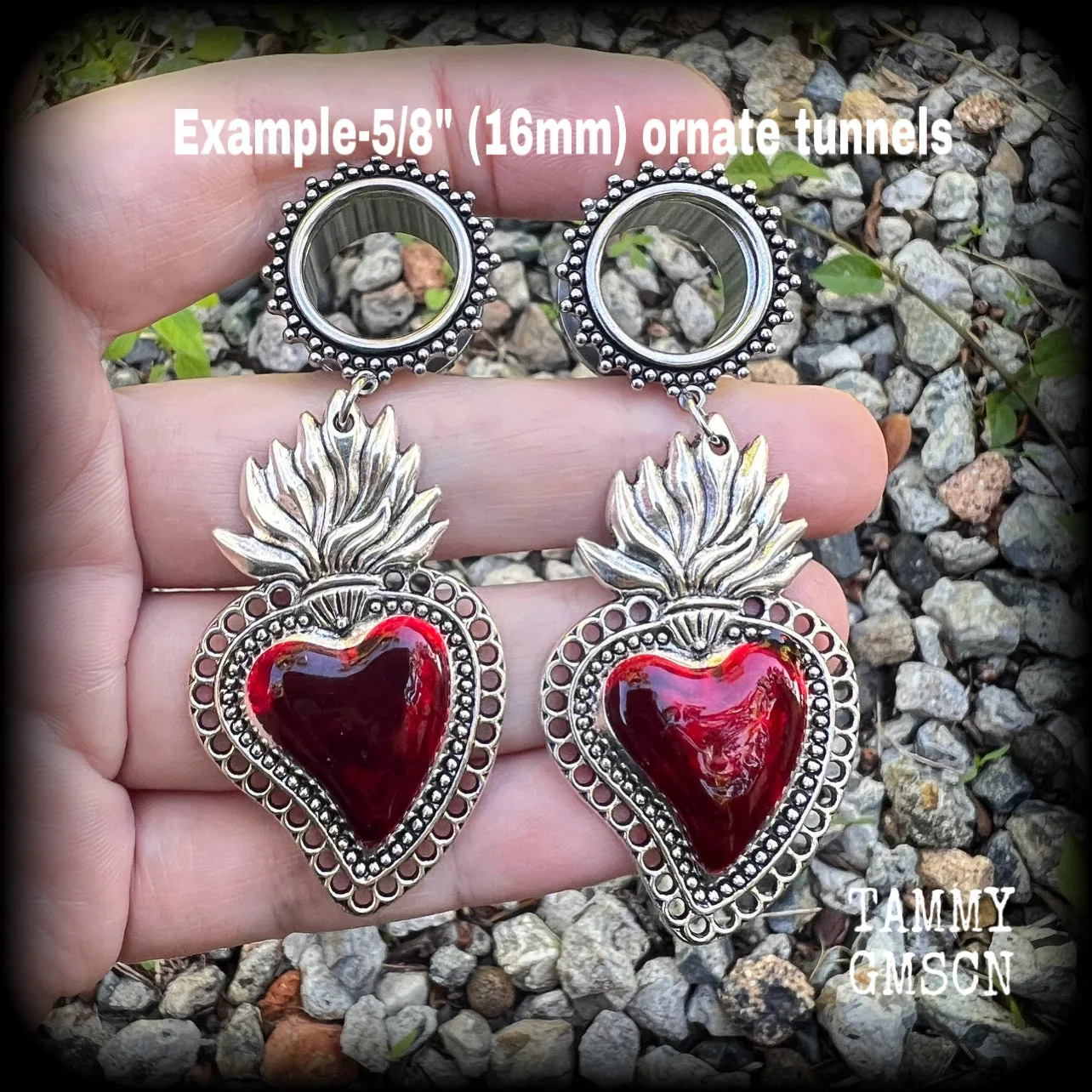 Red sacred heart tunnel earrings-Ear gauges