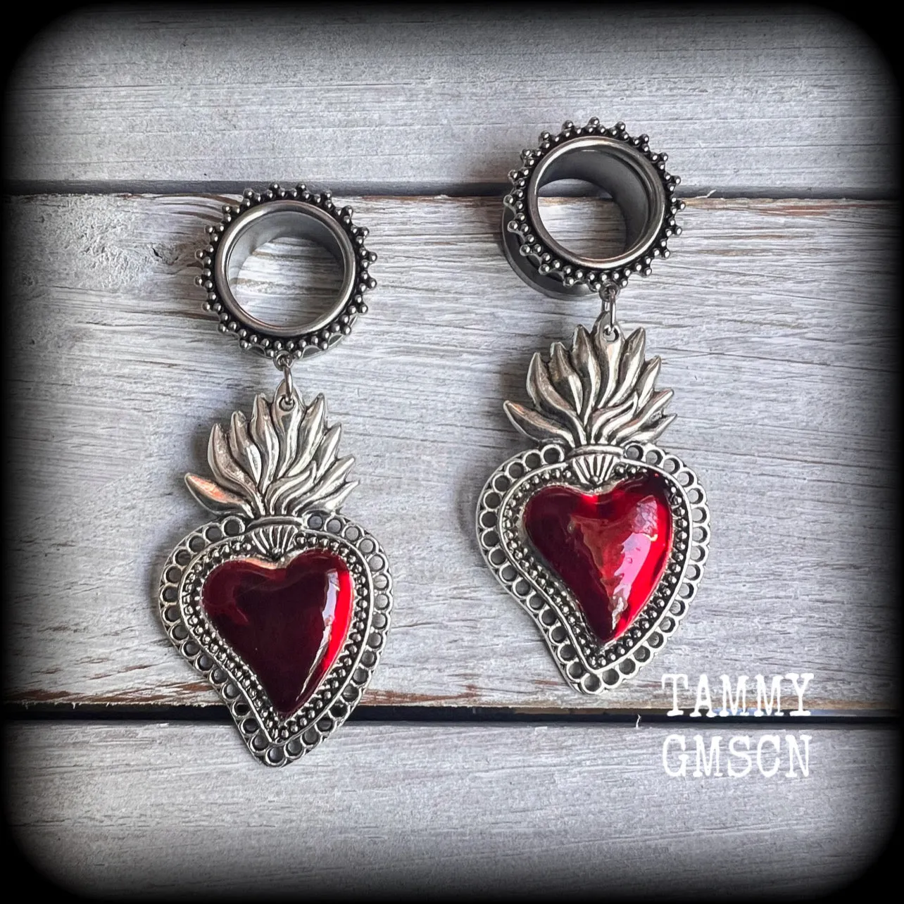 Red sacred heart tunnel earrings-Ear gauges