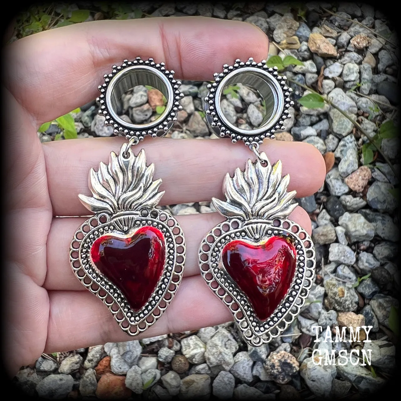 Red sacred heart tunnel earrings-Ear gauges