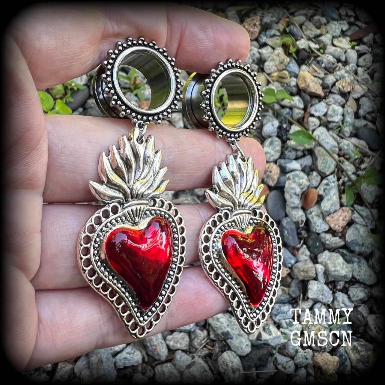 Red sacred heart tunnel earrings-Ear gauges