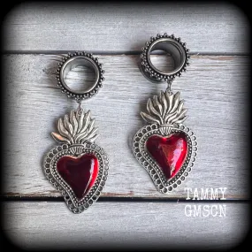 Red sacred heart tunnel earrings-Ear gauges