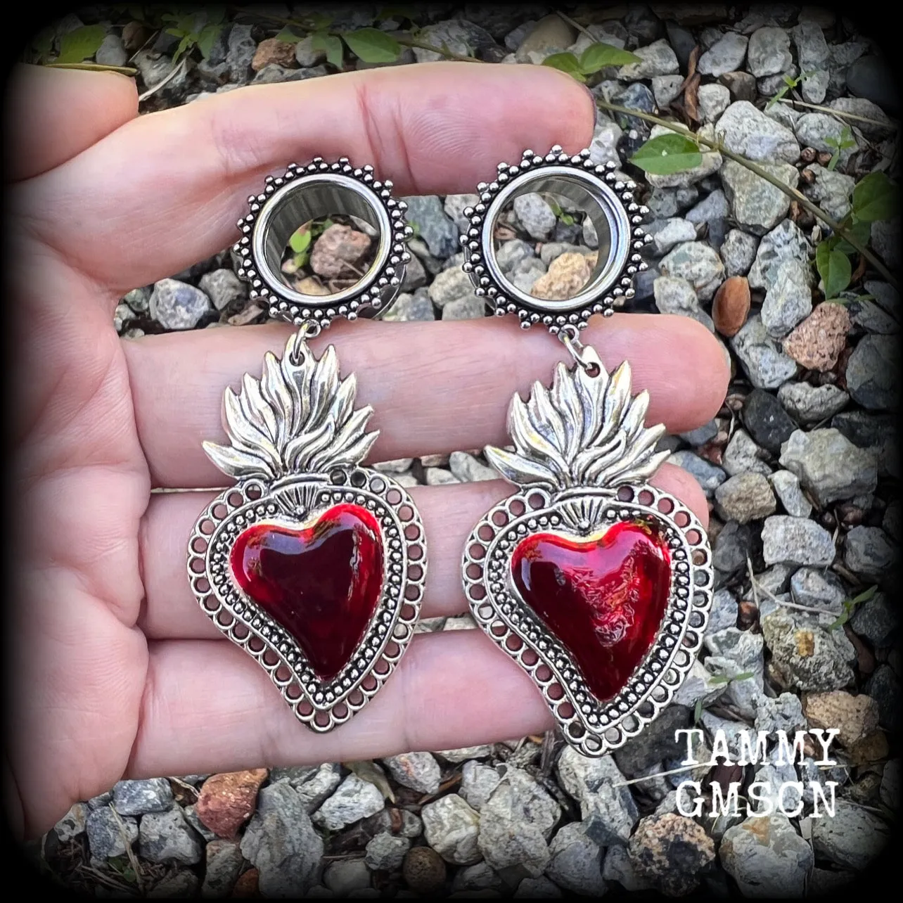 Red sacred heart tunnel earrings-Ear gauges