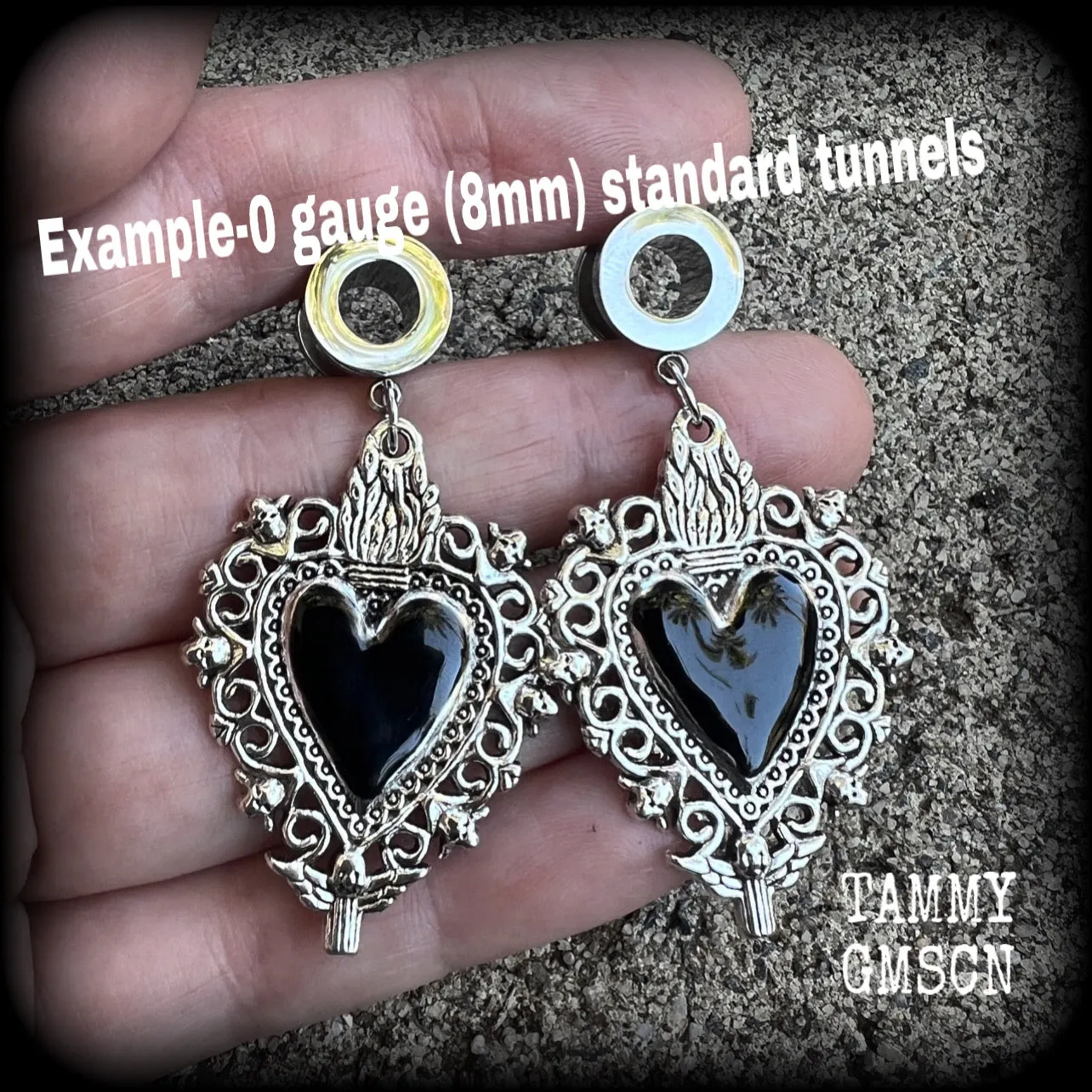 Sacred heart tunnel earrings-Black heart tunnel ear gauges