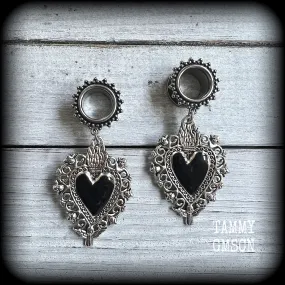 Sacred heart tunnel earrings-Black heart tunnel ear gauges