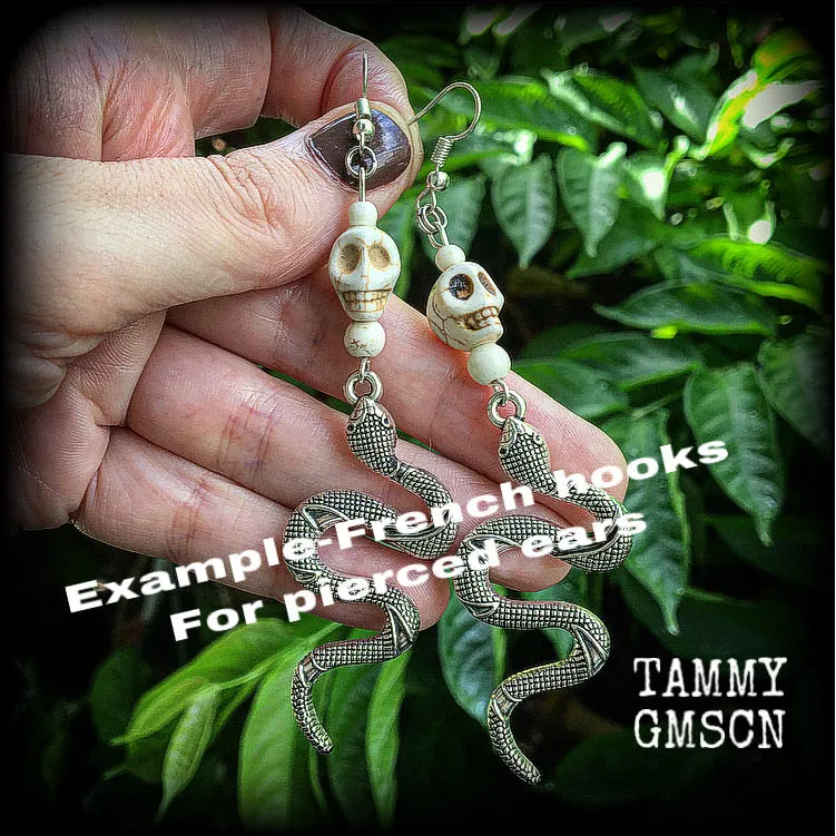 Snake and skull earrings-Damballah jewellery