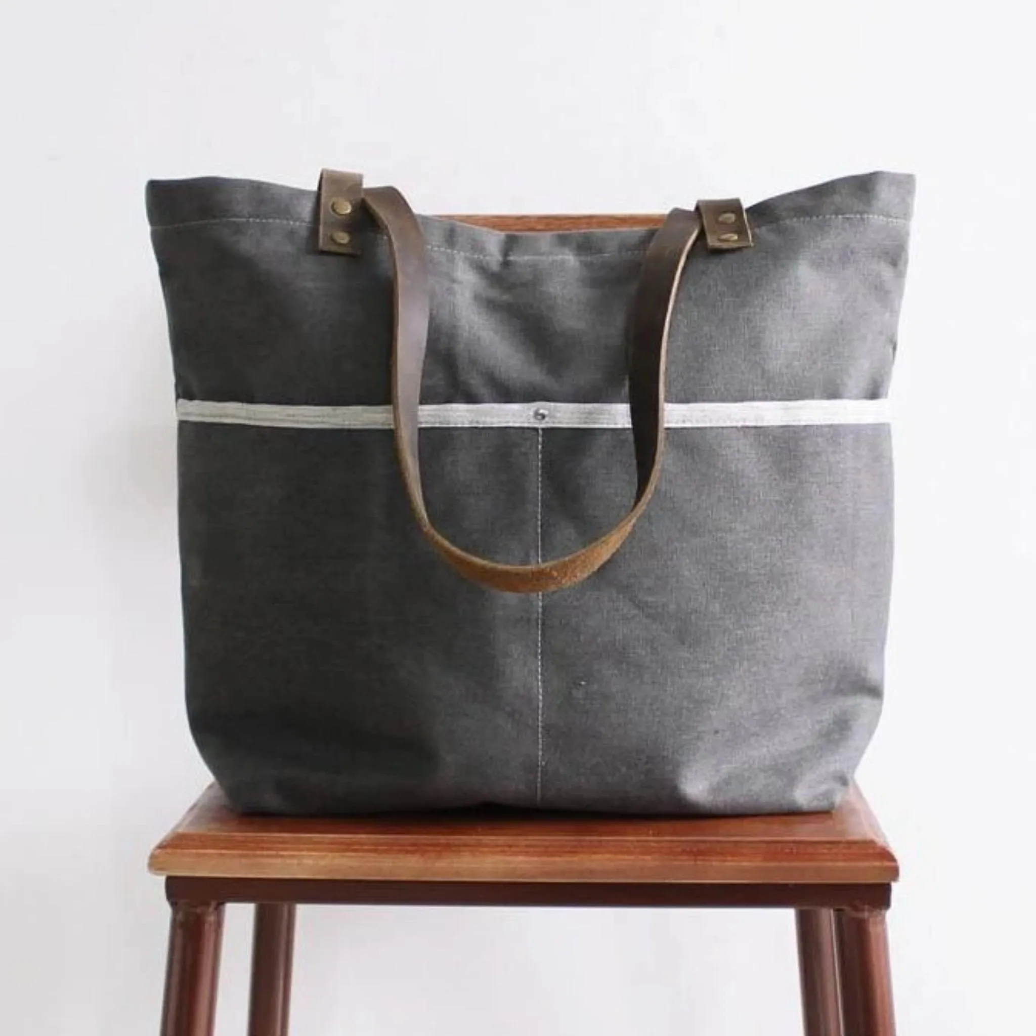 Waxed Canvas Grey Tote Shoulder Bag with Leather Handle