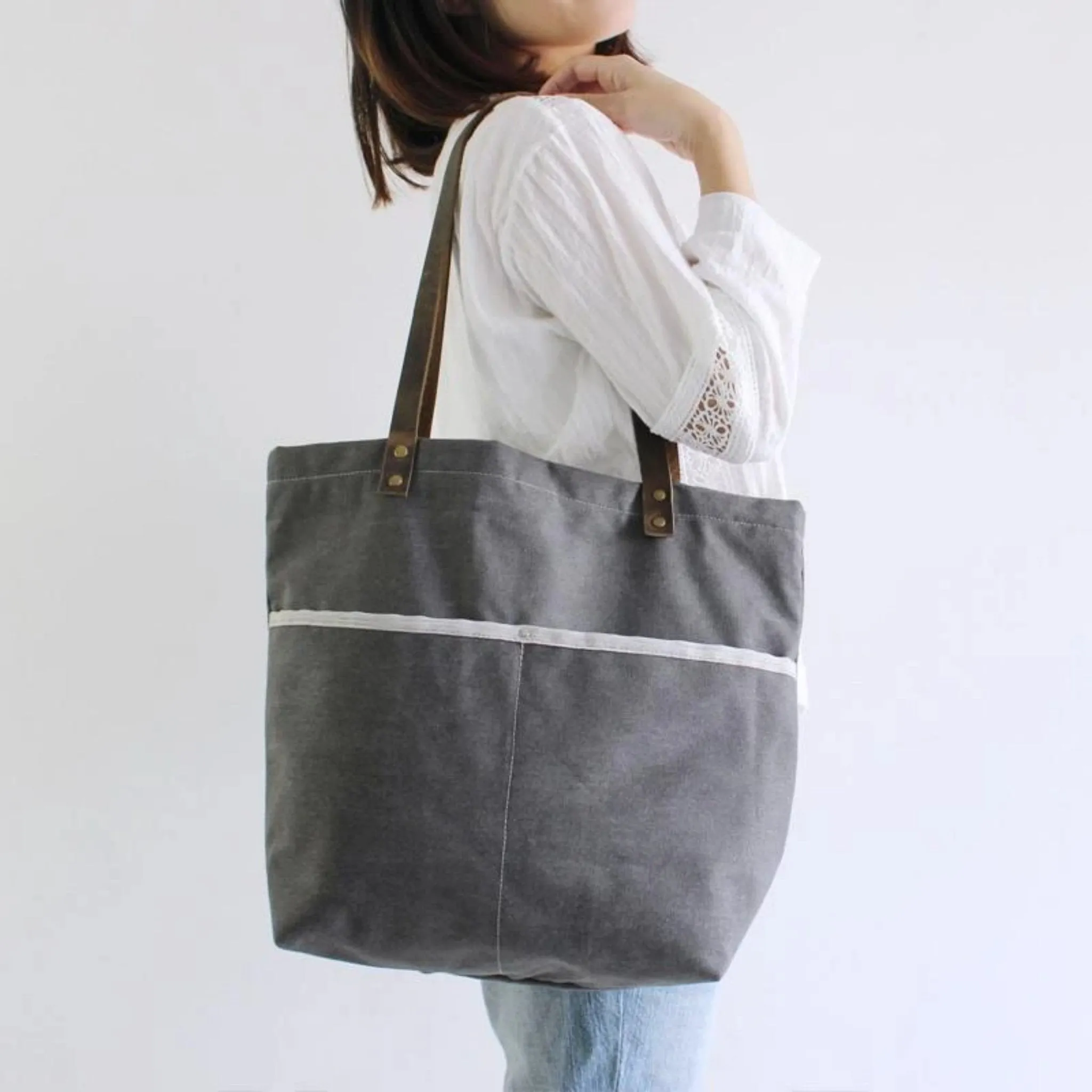 Waxed Canvas Grey Tote Shoulder Bag with Leather Handle
