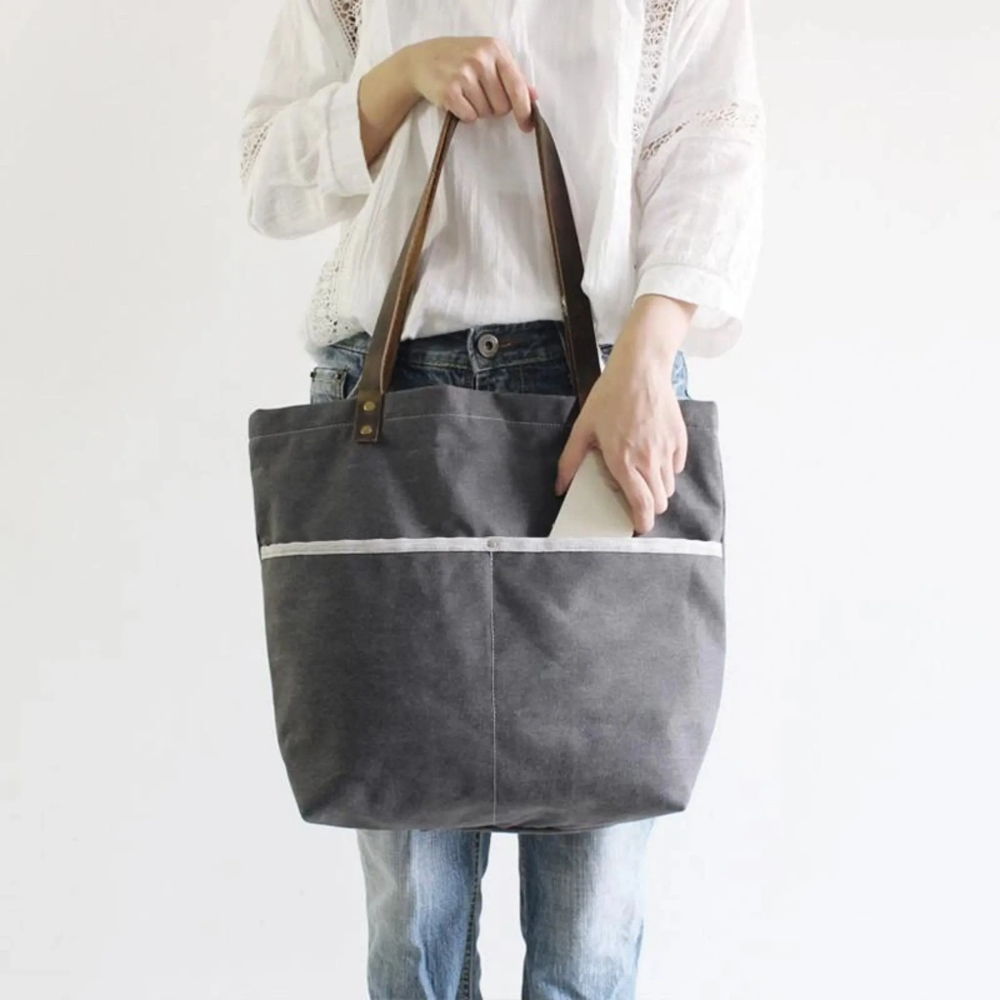 Waxed Canvas Grey Tote Shoulder Bag with Leather Handle