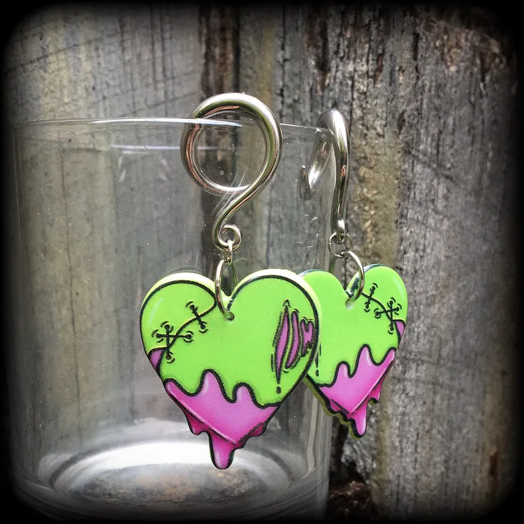 Zombie heart gauged earrings-Halloween earrings