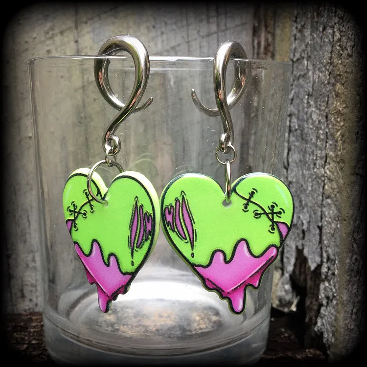 Zombie heart gauged earrings-Halloween earrings
